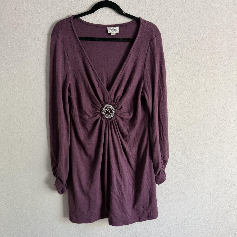 Beige‎ by eci Sweater Womens Medium Purple Beaded Ruched V Neck Tunic Top Knit